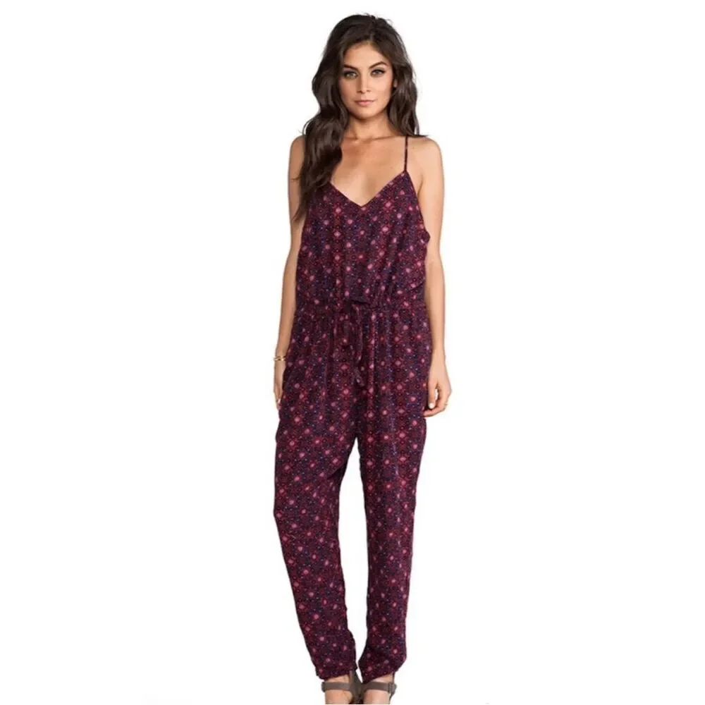 Free People Burgundy Floral Print Spaghetti-Strap Jumpsuit